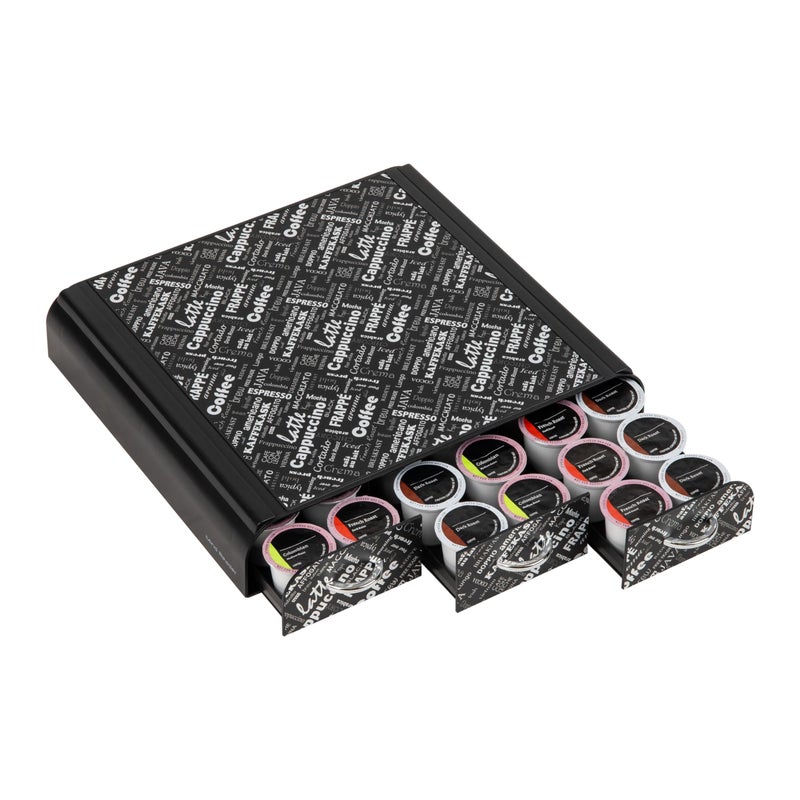 Mind Reader Single Serve Coffee Pod Organizer with 3 Drawers, 36 Pod Capacity, 12.25"L x 13.5"W x 2.5"H, Black Print - Image 5